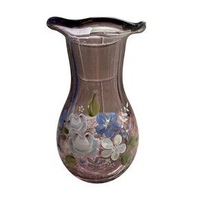 Vtg Fenton Purple Amethyst Glass Floral Ruffled Hand-Painted Vase 8" Cotragecore